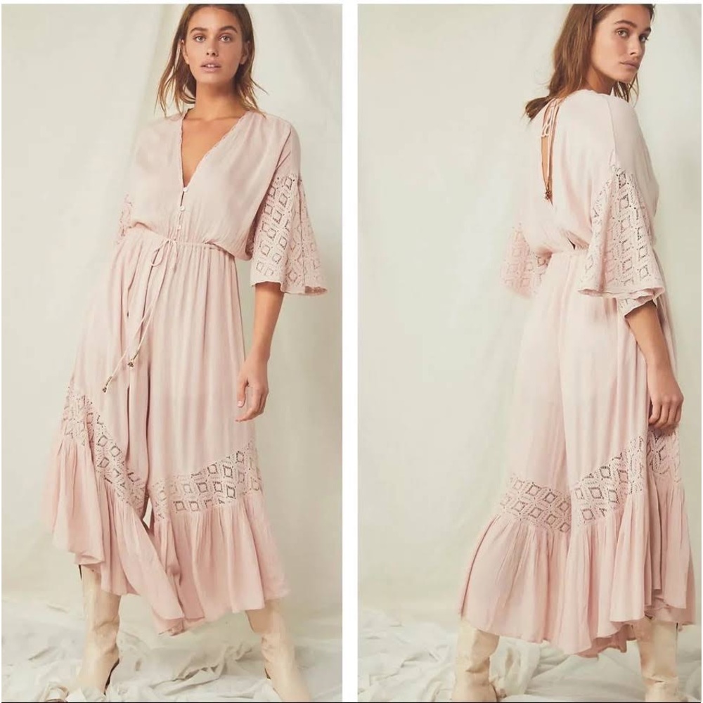 Free People Angela Crochet Lace Long Sleeve Wide Leg Open Back Jumpsuit